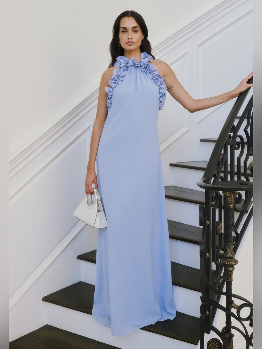 NWT Few Moda Marie Dress size Small S dusty blue ruffle maxi halter o.p.t